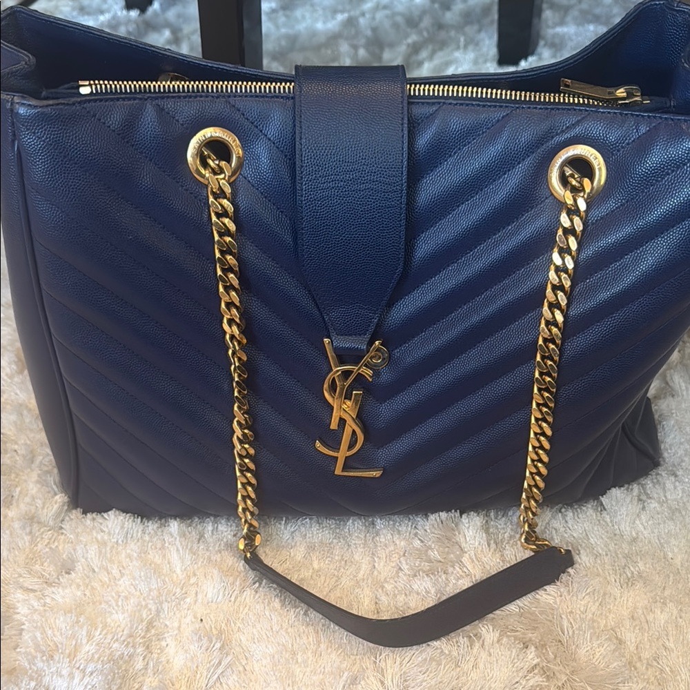 Yves Saint Laurent Navy Blue Quilted Leather Tote Bag